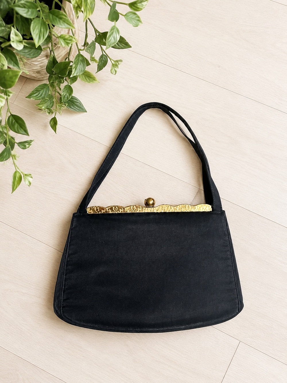 Vintage Black Satin Evening Bag Gold Frame Clutch Prom Wedding Formal Two Straps